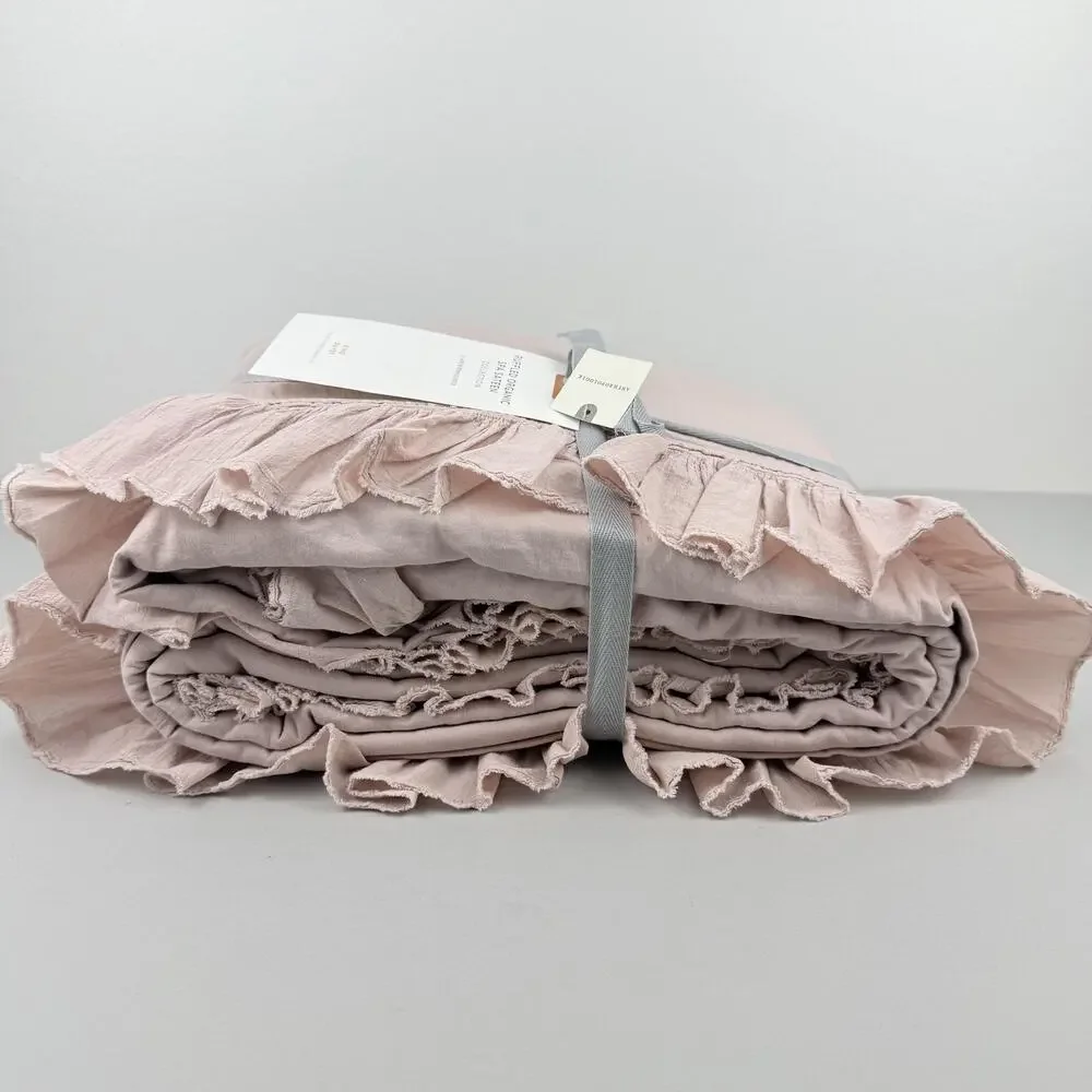 Anthropologie Ruffled Organic Spa Sateen Duvet Cover KING Peach Pink Bedding New
